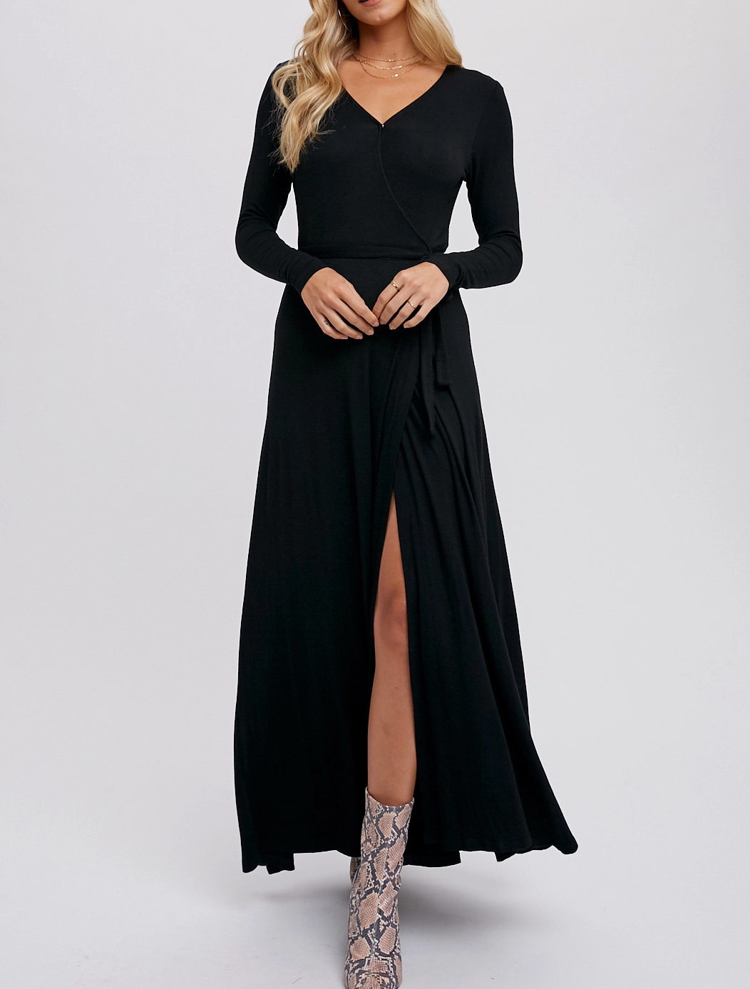 Knit Wrap Maxi Dress - Black