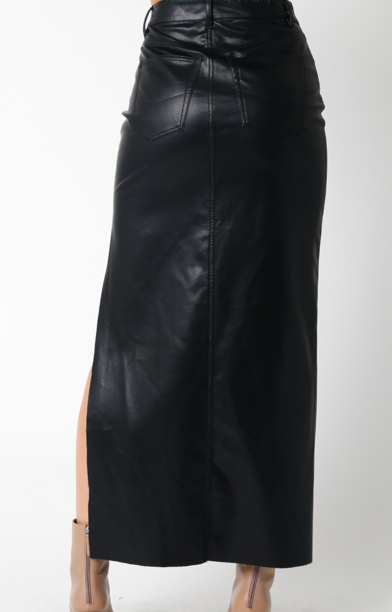 Black Saddle Leather Maxi Skirt