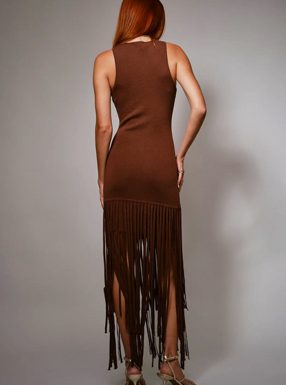 Knit Fringe Maxi Dress - Brown