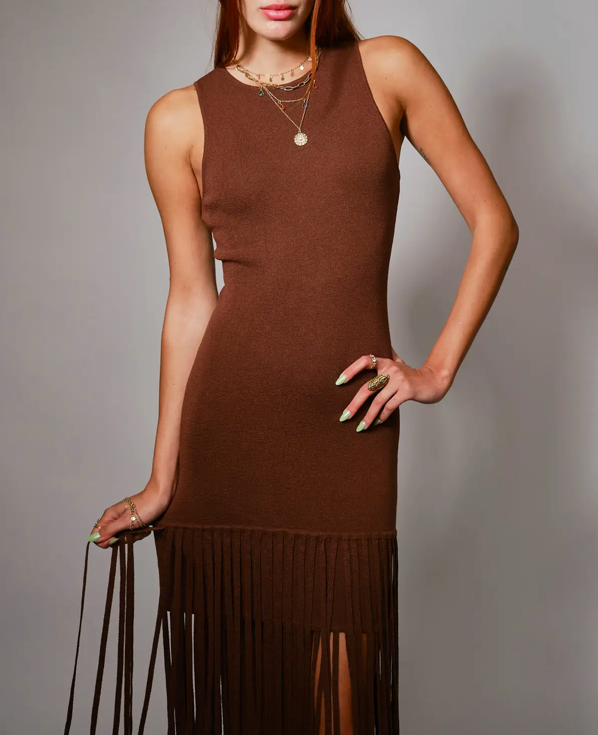 Knit Fringe Maxi Dress - Brown