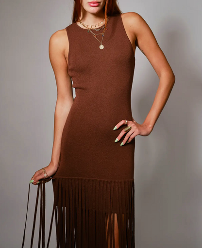 Knit Fringe Maxi Dress - Brown